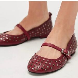 NEW FREE PEOPLE TWIGGY STUDDED BALLET FLAT BORDEAUX / MERLOT 8 NIB